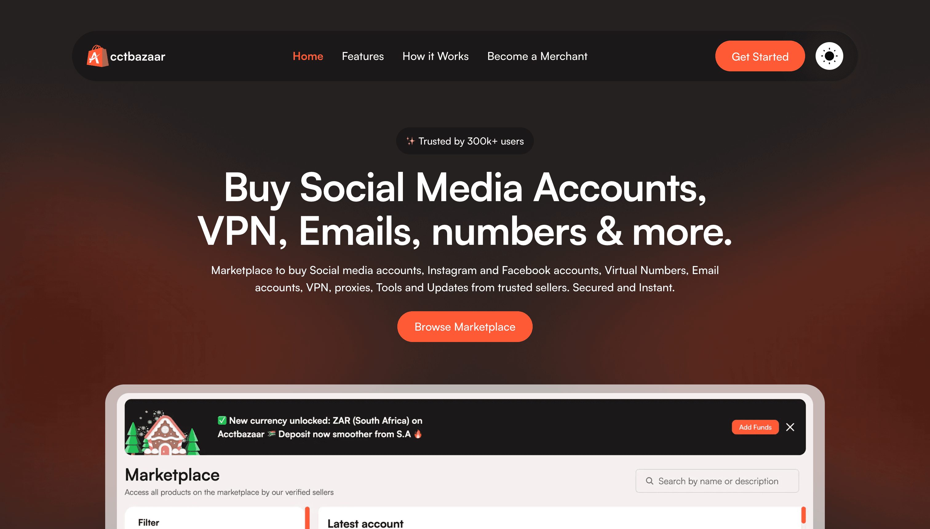 Screenshot of the AcctBazaar homepage showing the marketplace hero and product listings.
