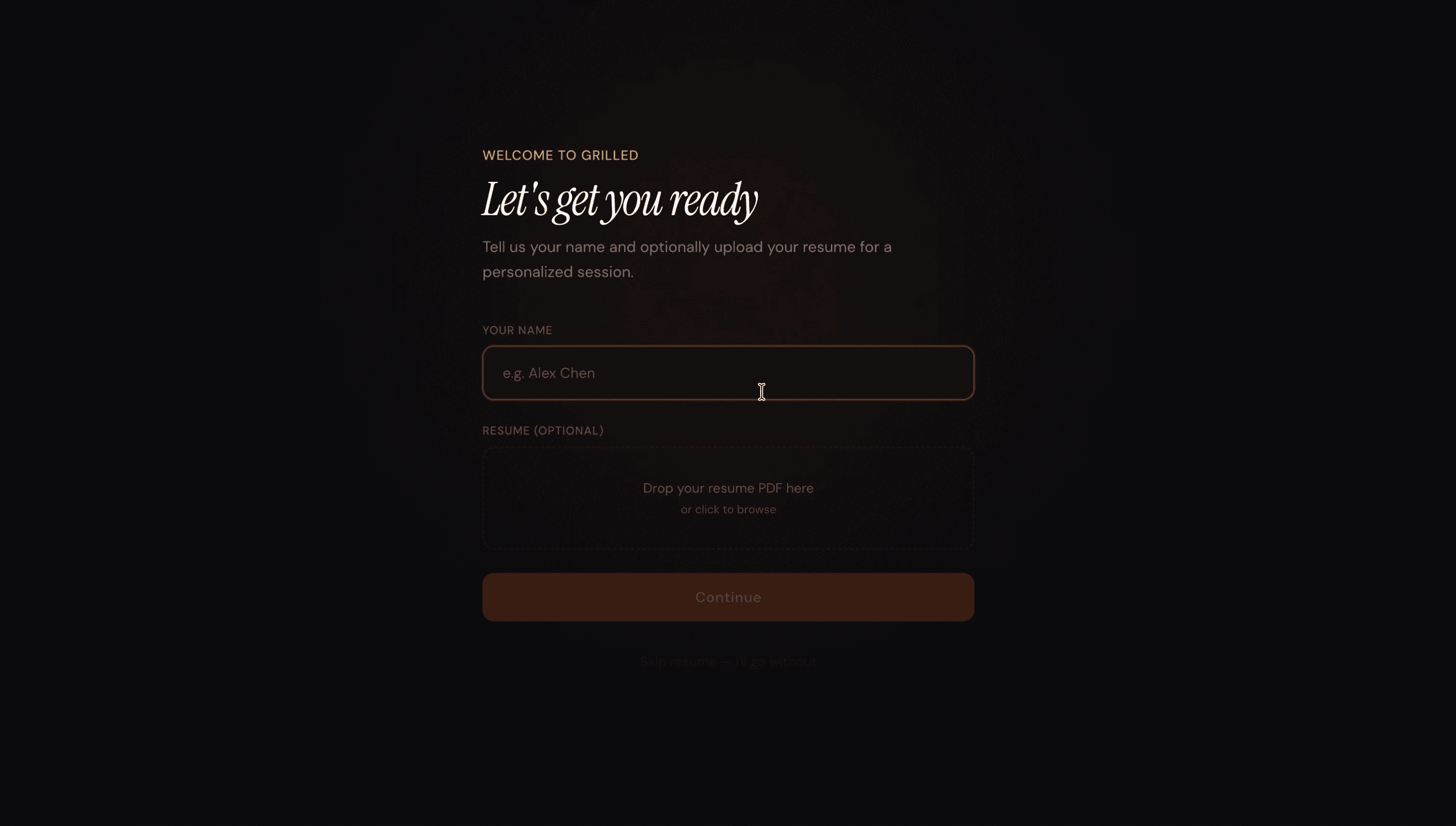 Screenshot of the Grilled homepage showing the AI-powered interview prep agent in action.